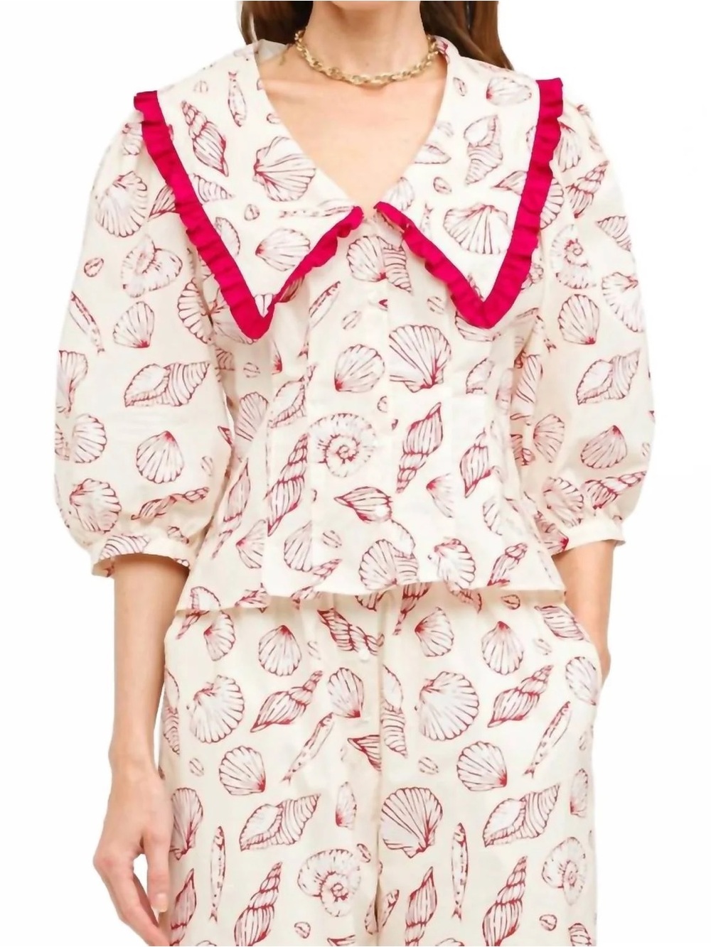 Cream Shell-Print Blouse with Pink Ruffle Trim - Picture 2 of 2